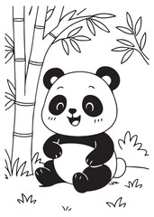 Coloring book  panda sits happily amongst bamboo stalks. Adorable line art for coloring  education kid