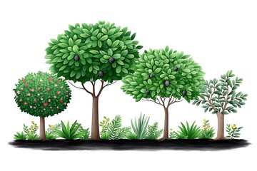 Lush Garden Panorama: A vibrant illustration of meticulously arranged trees and shrubs, creating a serene and picturesque garden scene.