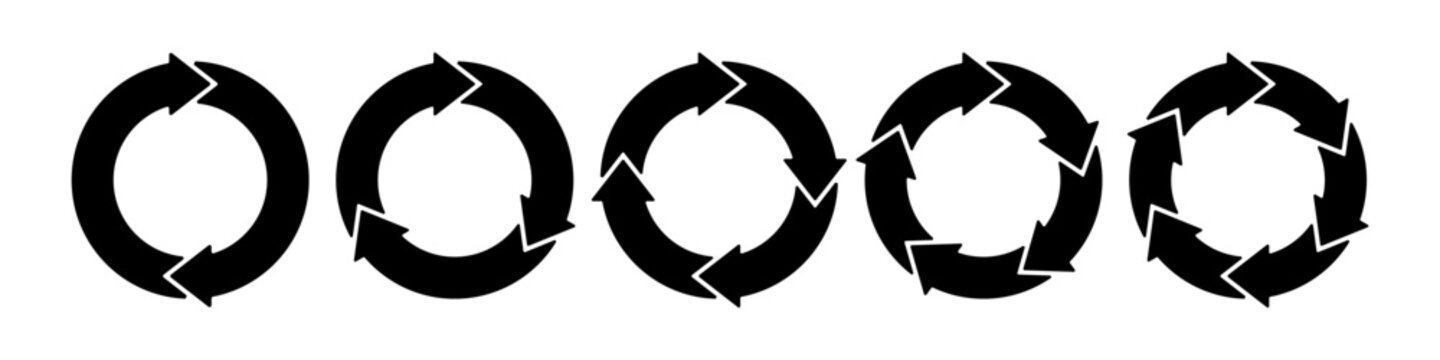 Black circle transition stages. Circular arrows. Repeat icon. reload sign. Diagram infographic set. Rotation cycle vector 2, 3, 4, 5, 6, parts. Cyrcle, process, and flow concept, 