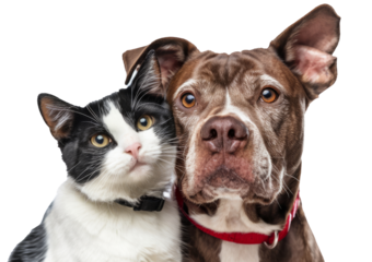 cat and dog friendship portrait on white background