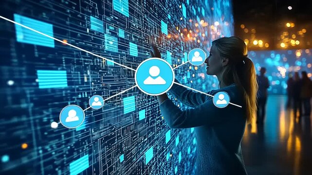 Woman interacts with interactive digital wall