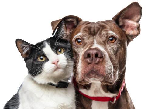 cat and dog friendship portrait on white background