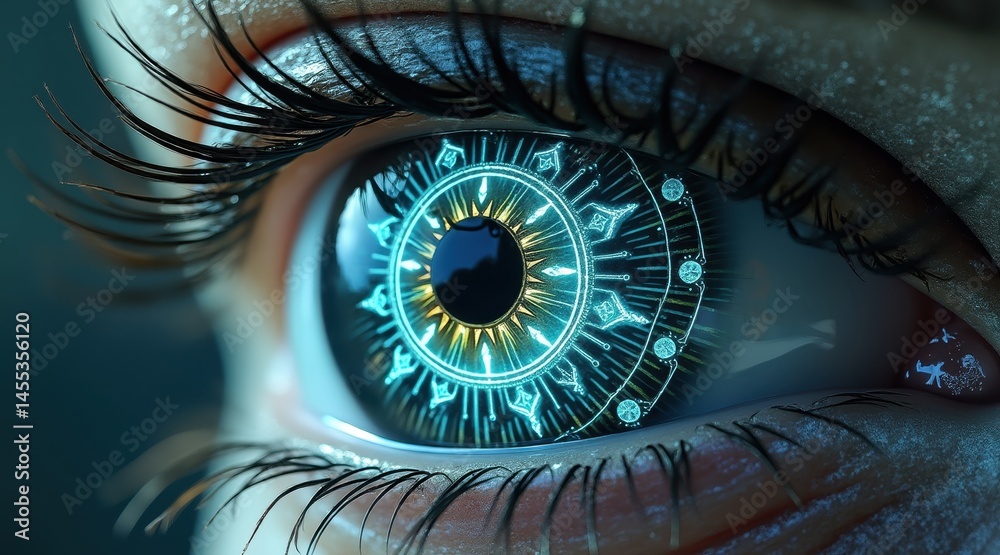 Poster a human eye with a futuristic, glowing digital interface overlaying the iris, suggesting technology 
