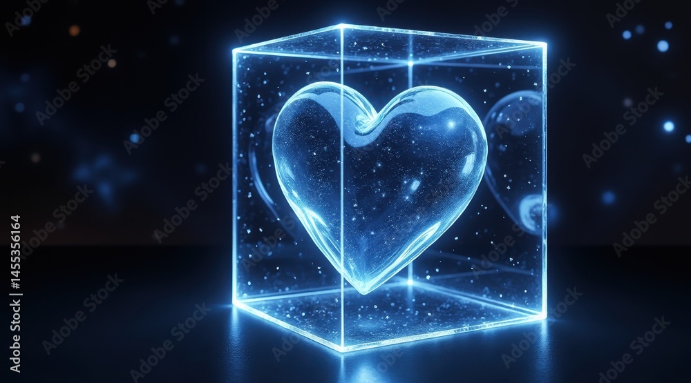 Poster a glowing holographic heart floats inside a transparent cube, surrounded by a dark, starry backgroun