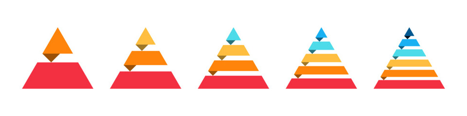 Colorful pyramid. Triangle diagram infographic set. Conceptual progression of pyramid. 2, 3, 4, 5, and 6 parts	