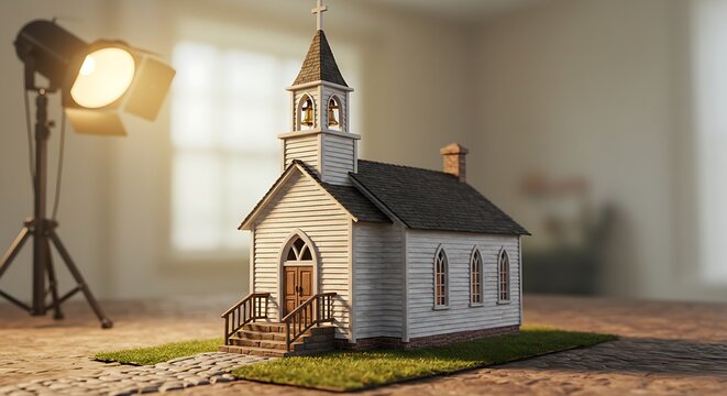 A 3D miniature colonial-style church with a bell tower and cobblestone steps