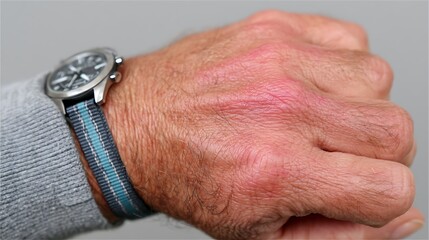 A hand wears a timepiece with a striped strap.