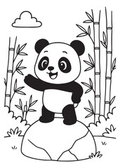 Coloring book kawaii panda waves from a rock bamboo. Adorable line art for coloring education kids