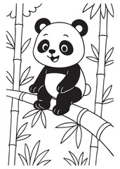 Coloring book panda sits on a bamboo branch. Adorable line art for coloring education creative