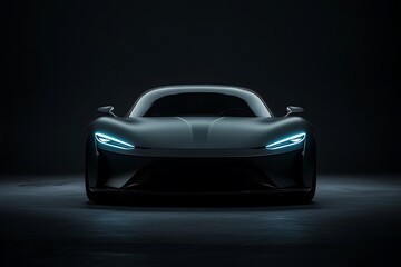 Sleek matte dark car prominently displays cool headlights against a minimalist, modern backdrop