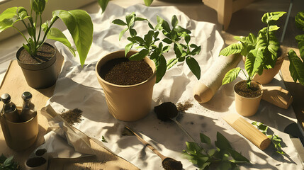 repotting green flowerpot plants