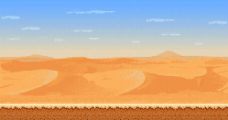 Sand dunes 8bit pixel art game desert landscape with rolling sand dunes, clear blue sky, and ground layer. Vector retro 8 bit platformer game level, side scrolling adventure or nostalgic videogame