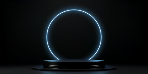Realistic black podium stage with neon glow frame. 3d vector background with realistic circular pedestal illuminated with blue circular light border. Empty glowing scene for product presentation show