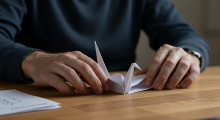 Man Carefully Folding Origami Crane: A Symbol of Peace and Patience