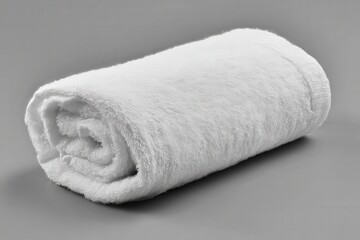 Soft, fluffy white towel rolled up on a gray background. Perfect for spa, hotel, or bathroom settings.