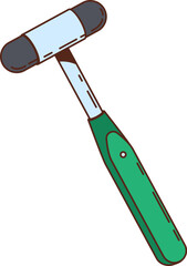 Cartoon groovy reflex hammer with a green handle and a dual sided rubber head. Vector medical tool used by doctors to test deep tendon reflexes and neurological responses in clinical examinations
