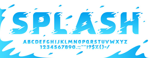 Water splash font, fluid liquid typeface, wet drip type, wave effect abc alphabet. Vector letters and numbers of blue water drops. Ocean or sea flow splash font english alphabet characters and symbols © Buch&Bee