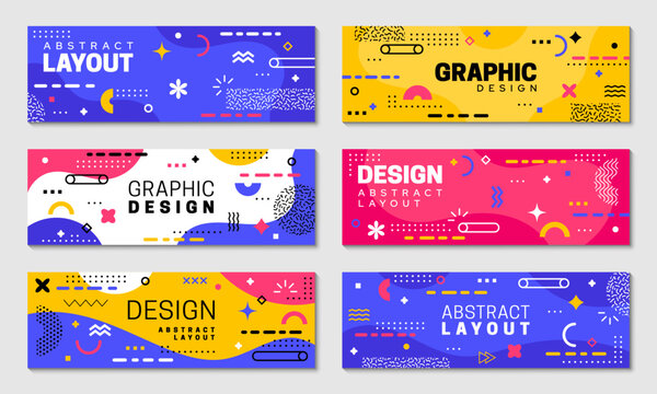 Geometric Memphis banners with abstract patterns. Vector horizontal cards with modern, and dynamic design captures vibe of 80s ethos. Layouts with vibrant colors, bold ornaments and eclectic shapes