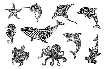 Tribal sea animal Maori tattoo set featuring black silhouettes of ocean creatures with swirling patterns. Vector shark, star, whale, dolphin and sea horse, octopus, turtle or stingray with swordfish