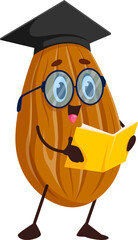 Cartoon funny almond nut character in graduation cap and reading book, vector personage. Almond nut student or school teacher in glasses with book for college mascot and nuts emoji character