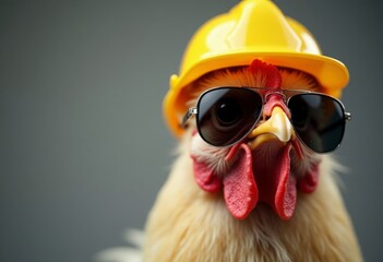 chicken wearing hard hat and sunglasses, studio shot