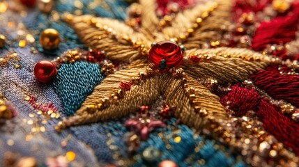 Naklejka premium Close-up of a detailed embroidered star motif.