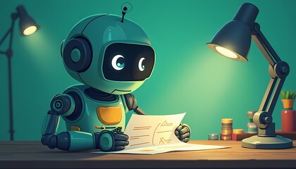 Fototapeta premium Robot Reads Document at Desk