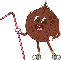 Cartoon groovy coconut character strikes lively pose with cheerful happy smile and a straw in its hand. Isolated vector nut retro food personage exuding charm, ready for tropical cocktail preparation