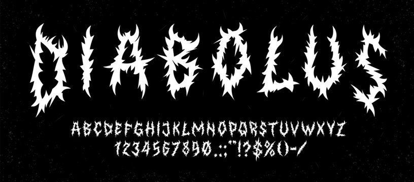 Y2k gothic font, horror scary typeface, punk metal type, dark demon abc alphabet. Horror font letters and numbers vector typography on black grunge background. Y2k spiky type english abc characters