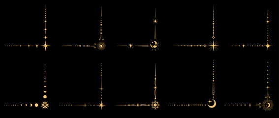 Fototapeta premium Magic esoteric celestial border corners vector set. Boho style elegant frames, space decoration with cosmic patterns and stellar embellishments. Decorative golden angles with stars, moons and suns