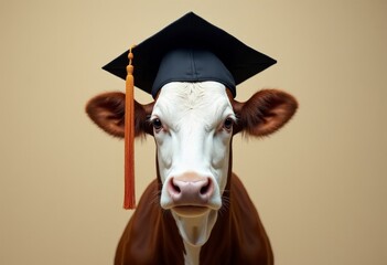 cow wearing graduation hat, studio shot