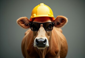 cow wearing hard hat and sunglasses, studio shot