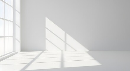 Fototapeta premium Minimalist White Room Interior with Sunlight and Window Shadows - Empty Space, Modern Architecture.