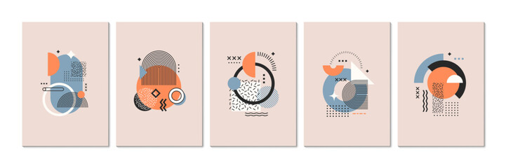 Abstract geometric memphis posters with modern pattern of vector line graphic elements and shapes. Trendy minimal art abstract memphis patterns with color circles, squares, triangles, arches and waves