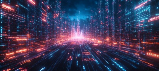 Fototapeta premium Neon lit high speed light trails on a dark futuristic road representing data highways artificial intelligence driven computing technology futuristic transportation and innovation in digital, 