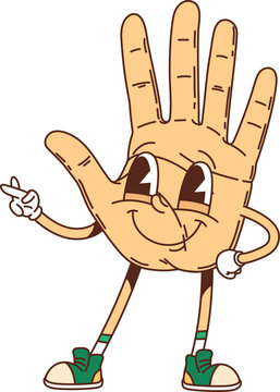 Fototapeta Cartoon groovy hand medicine and health character, human body part exuding happiness and energy. Isolated vector playful palm retro y2k personage evokes joy and hippie fun for anatomy learning at kids