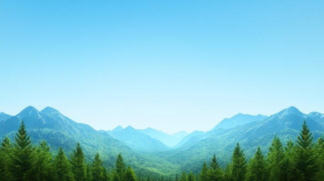 Serene Mountain Vista: A Panoramic View of Majestic Peaks and Lush Evergreen Forests Under a Clear Blue Sky