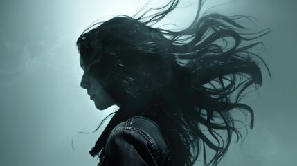 Fototapeta premium Woman with flowing hair in a mystical silhouette against green backdrop