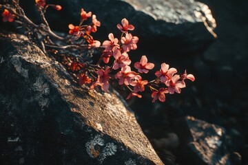 Delicate pink flowers clinging to dark gray rocks.  Small blossoms rest on rough, textured stone.  Soft light highlights the flowers and the crevices