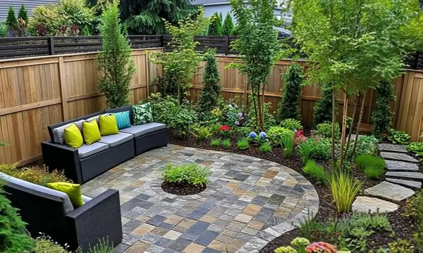 A charming urban backyard garden with a tumbled paver patio, flagstone paths, and vibrant trees, shrubs, and perennials providing year-round beauty and interest.