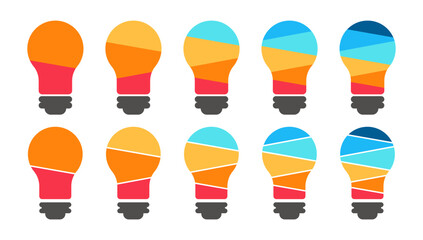 LIght bulb segmentation. Colorful diagram infographic set. Segmented of 2, 3, 4, 5, and 6 parts. Template for graph presentation and chart.