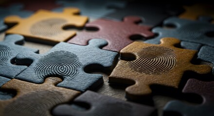 Close up of colorful puzzle pieces with fingerprint designs creating a connected abstract pattern