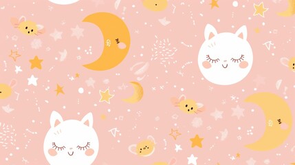 Cute Cartoon Cat and Moon Pattern on Soft Pink Background