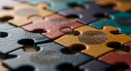 A close up of colorful puzzle pieces connected with fingerprints on some of them in a jigsaw puzzle