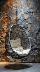 Wicker egg chair with white cushion hangs against a textured stone wall under warm lighting