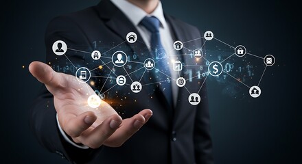 Businessman's hand holding digital network interface.