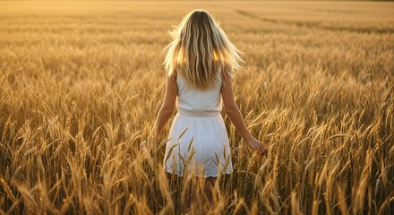 Golden wheat field and woman in white dress at sunset.