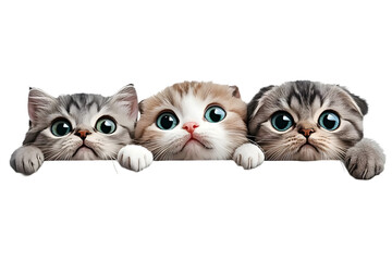 Three Cute Kittens Peeking with Big Eyes Isolated on Transparent Background
