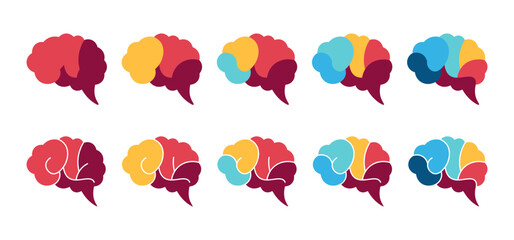Brain segmentation. Colorful diagram infographic of brain set. Conceptual of thinking creative idea. Segmented of 2, 3, 4, 5, and 6 parts. 