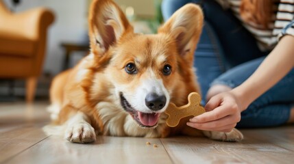 Happy Corgi Dog Enjoys Treat in Bright Living Room Setting
